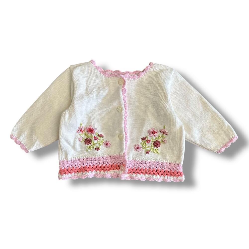 Nannette Vintage Floral Embroidered Knit Cardigan Babies Size 3/6M Crème Pink